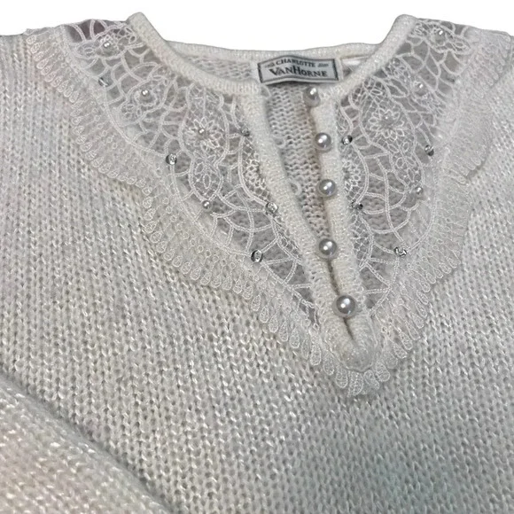 Vintage Charlotte VanHorne Cream Sweater Medium‎ Lace Pearl Embellished 80s - Picture 3 of 9
